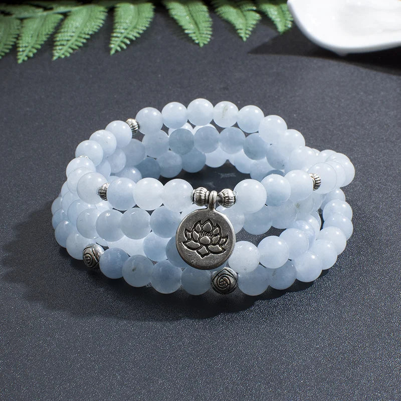 Natural Aquamarine 108-Bead Mala Necklace with Pendant by Sowelu Stones