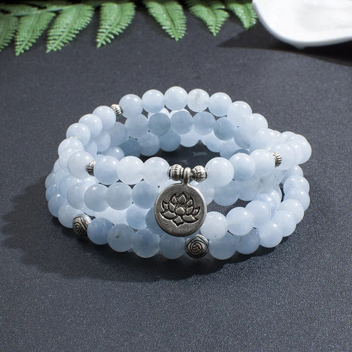 Natural Aquamarine 108-Bead Mala Necklace with Pendant by Sowelu Stones