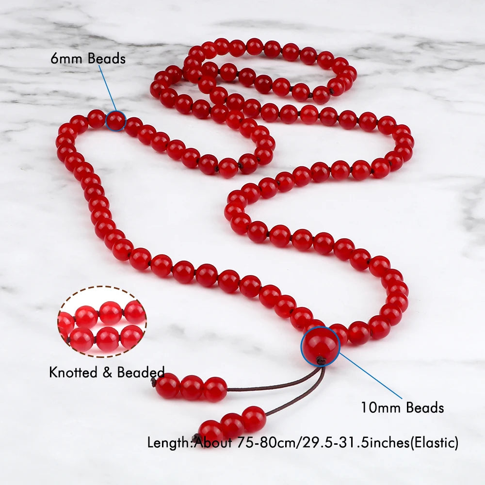 Carnelian mala shown with bead-size and necklace-length reference graphics.