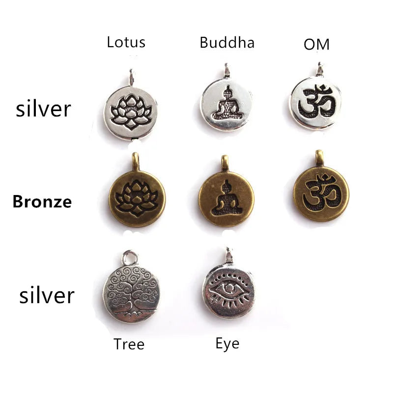 Charm options chart for the Tiger’s Eye mala showing silver and bronze symbol designs.