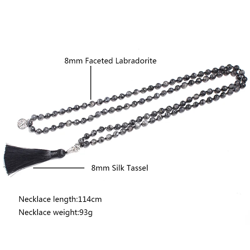 Labradorite mala shown with faceted bead size, tassel, length, and weight reference graphics.