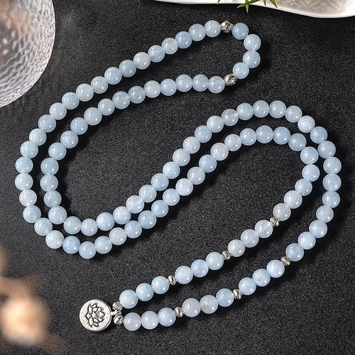 Aquamarine meditation mala with decorative pendant