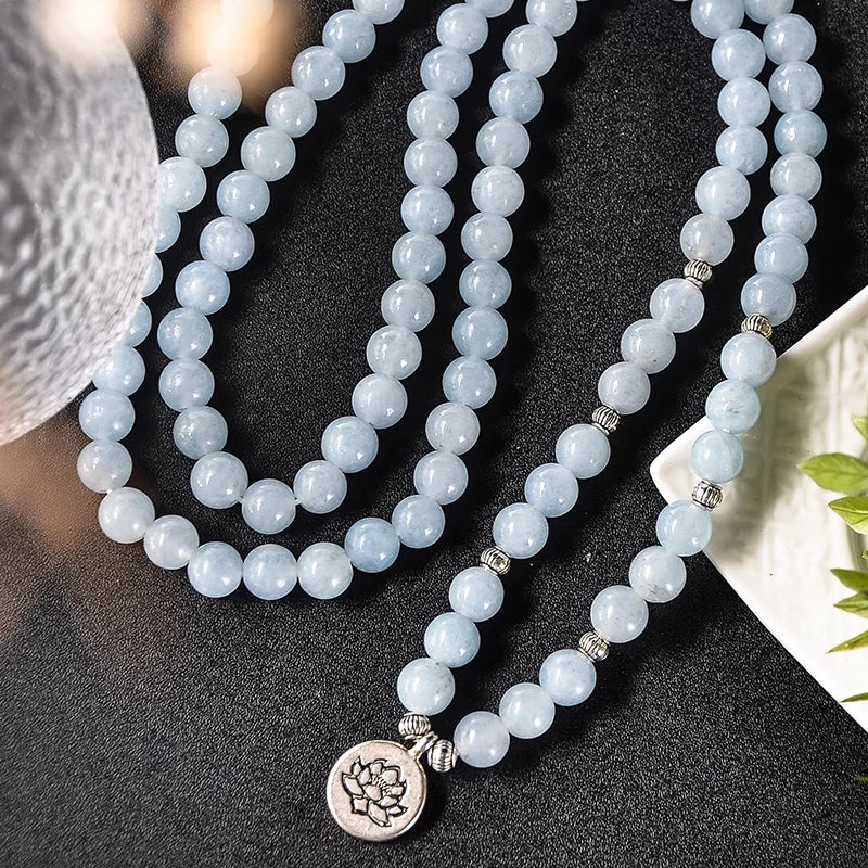 Aquamarine mala used for meditation and mindfulness