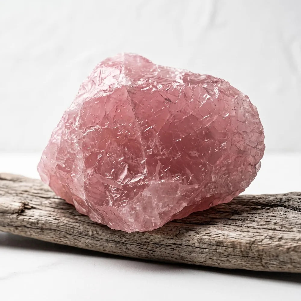Large rough Rose Quartz stone displayed on a pale surface with natural wood.