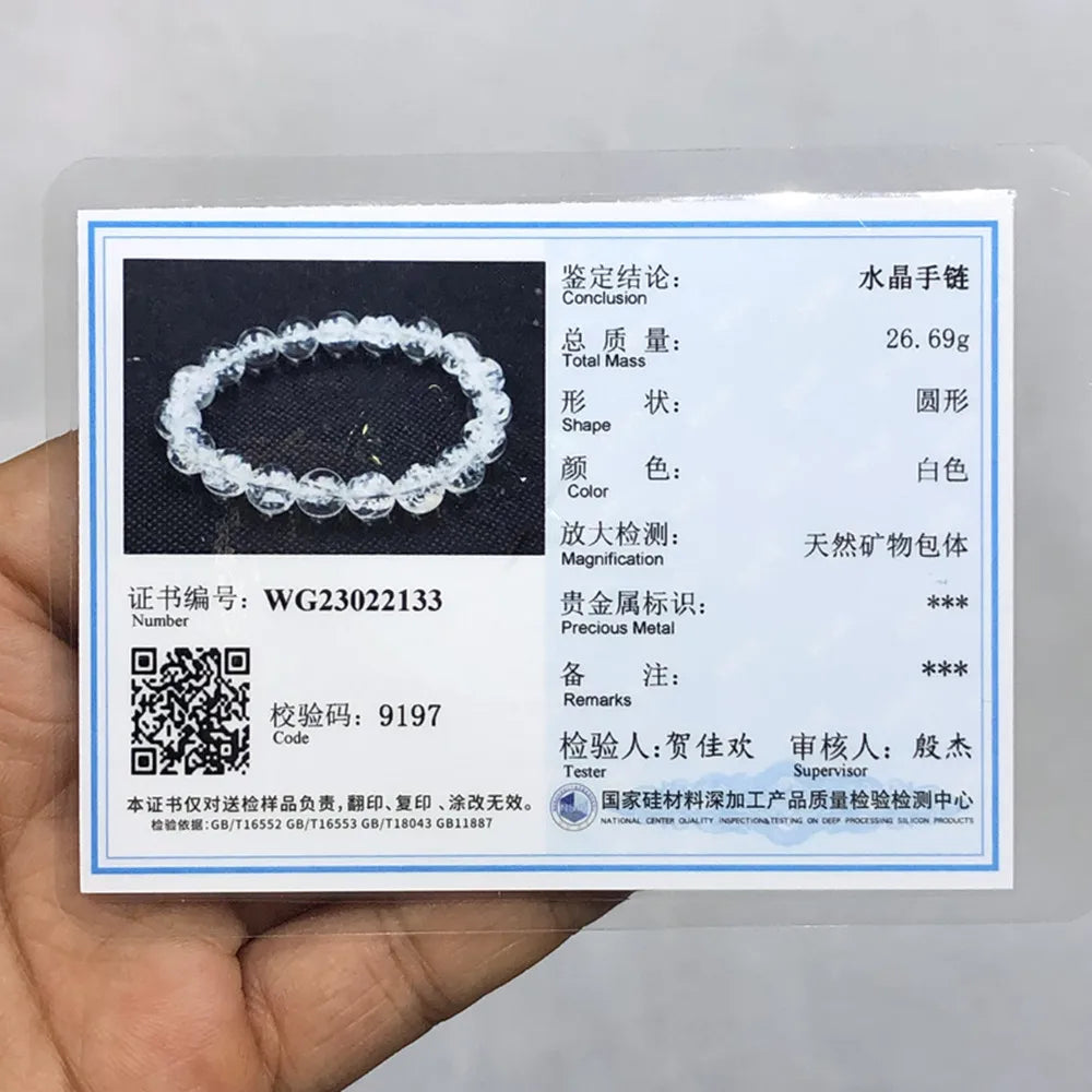 Clear Quartz bracelet shown with its accompanying product identification card.
