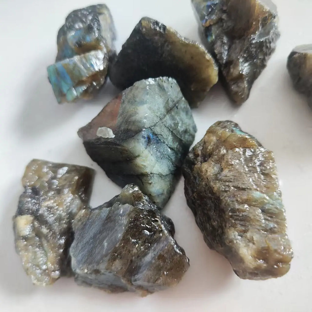 Rough Labradorite pieces showing cut faces, gray matrix, and patches of blue flash.