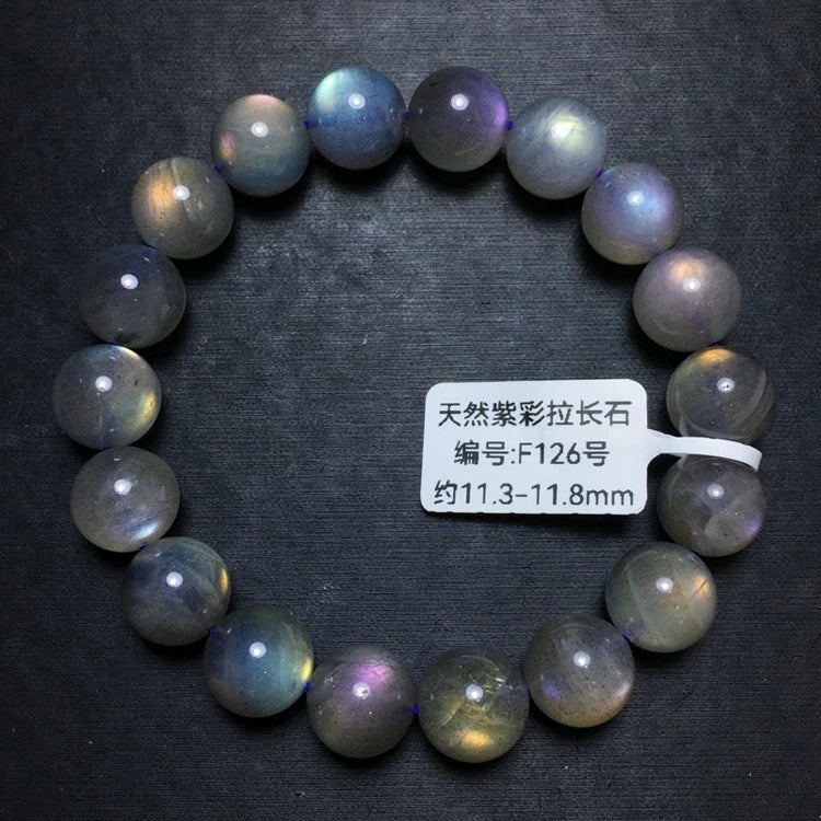 Labradorite round-bead bracelet on black, alternate bead-size variant.