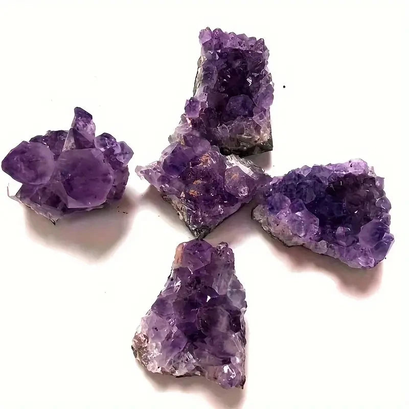 Five rough Amethyst crystal clusters arranged on a white background.
