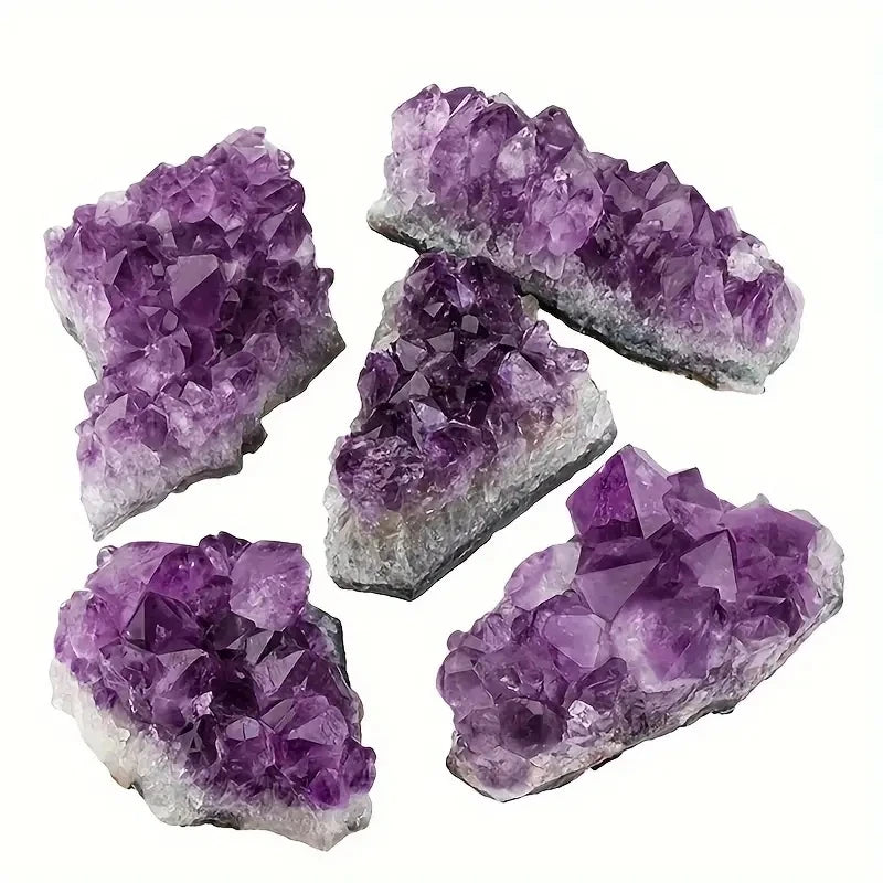 Five Amethyst crystal clusters showing varied shapes, points, and natural matrix.