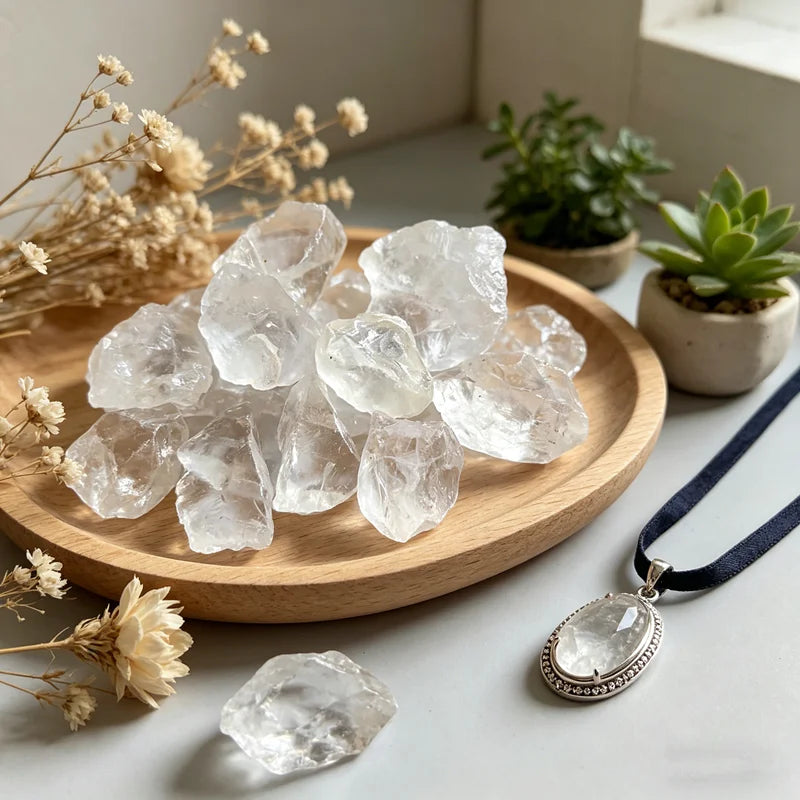 Assorted rough Clear Quartz stones arranged on a round wooden plate with decorative greenery.