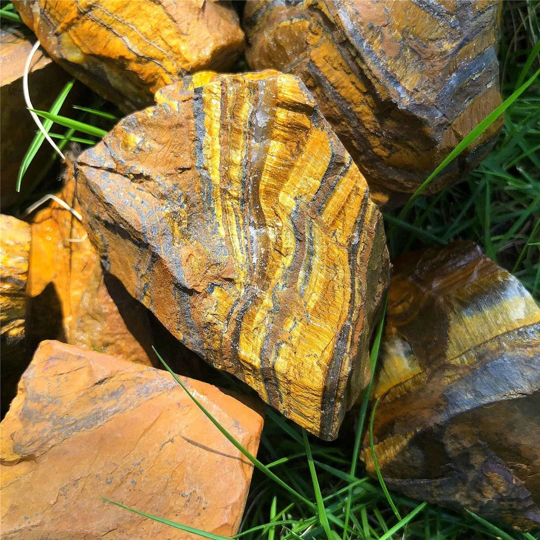 Large rough Tiger’s Eye stones resting outdoors on grass.