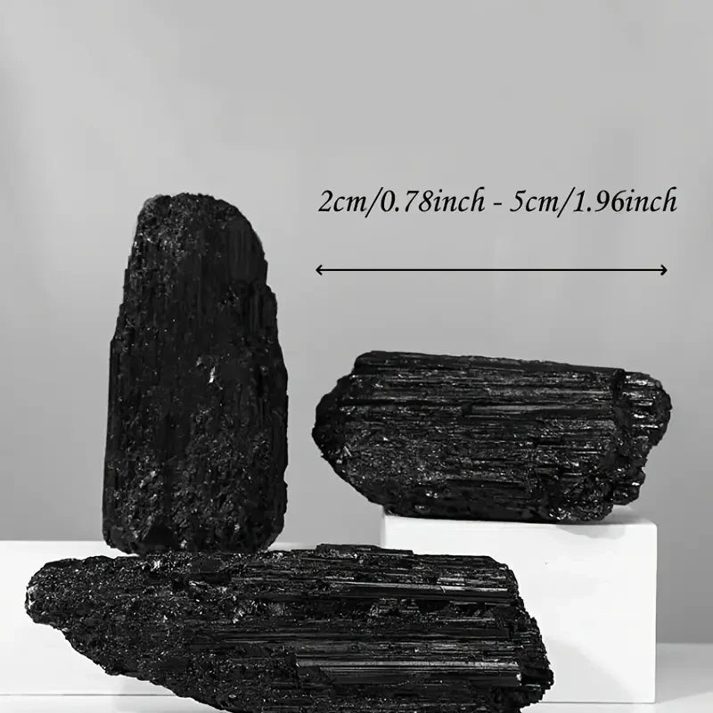 Three rough Black Tourmaline crystals shown with an approximate 2–5 cm size reference.