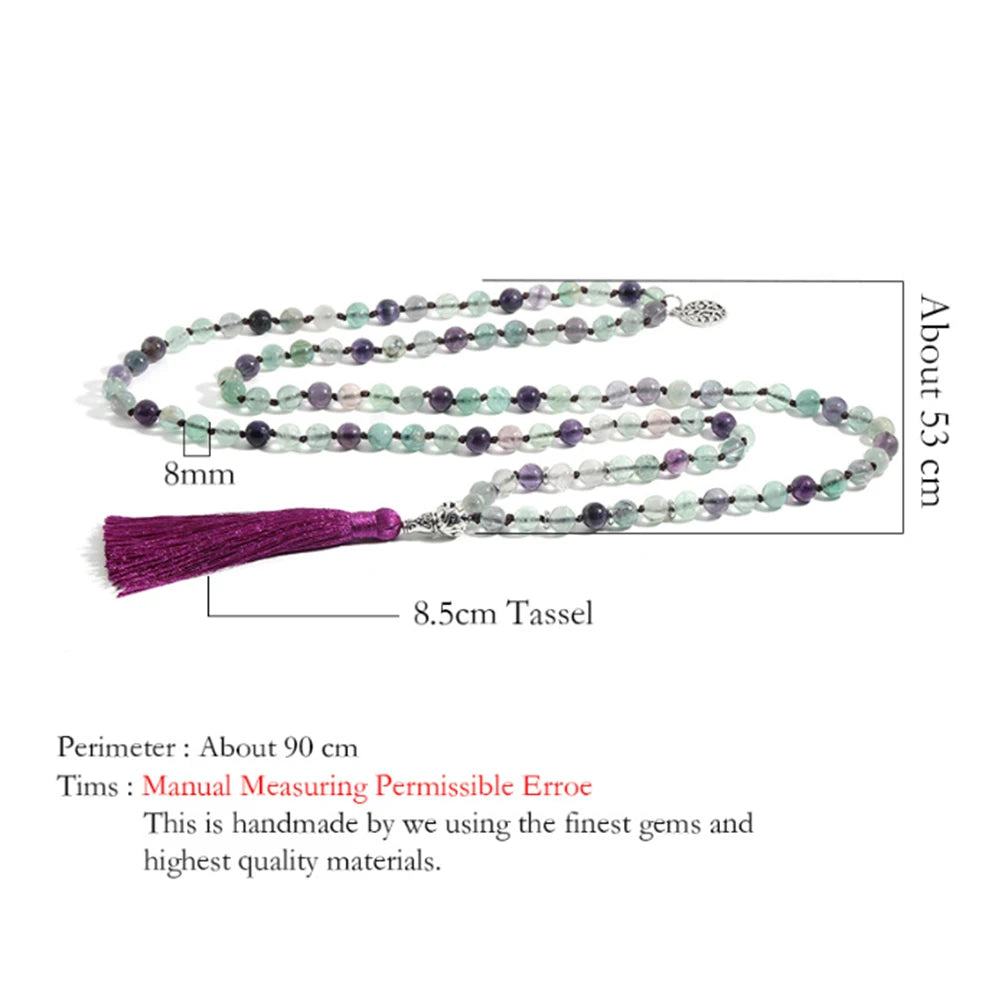 Fluorite tassel mala shown with bead, tassel, and necklace measurement references.