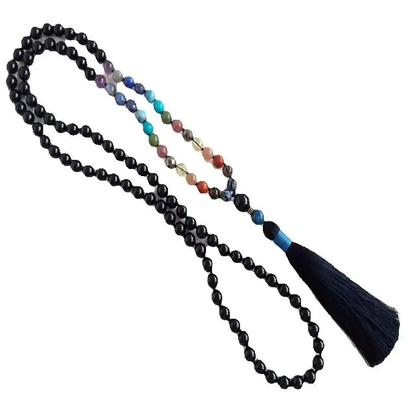 Full-length Black Tourmaline 108-bead mala with black tassel and multicolor accent beads.