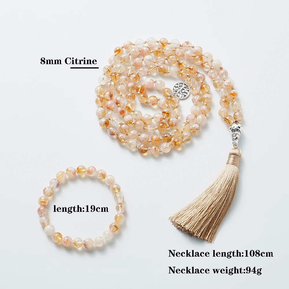 Citrine mala and bracelet on white with bead-size, necklace-length, and weight reference graphics.