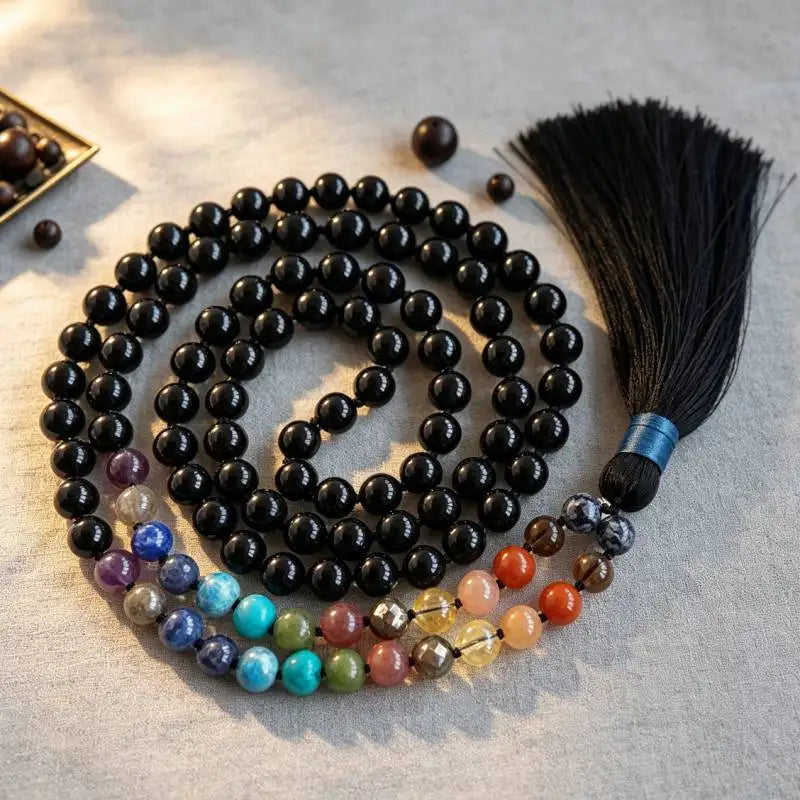 Black Tourmaline 108-bead tassel mala coiled with a multicolor accent section on a styled surface.