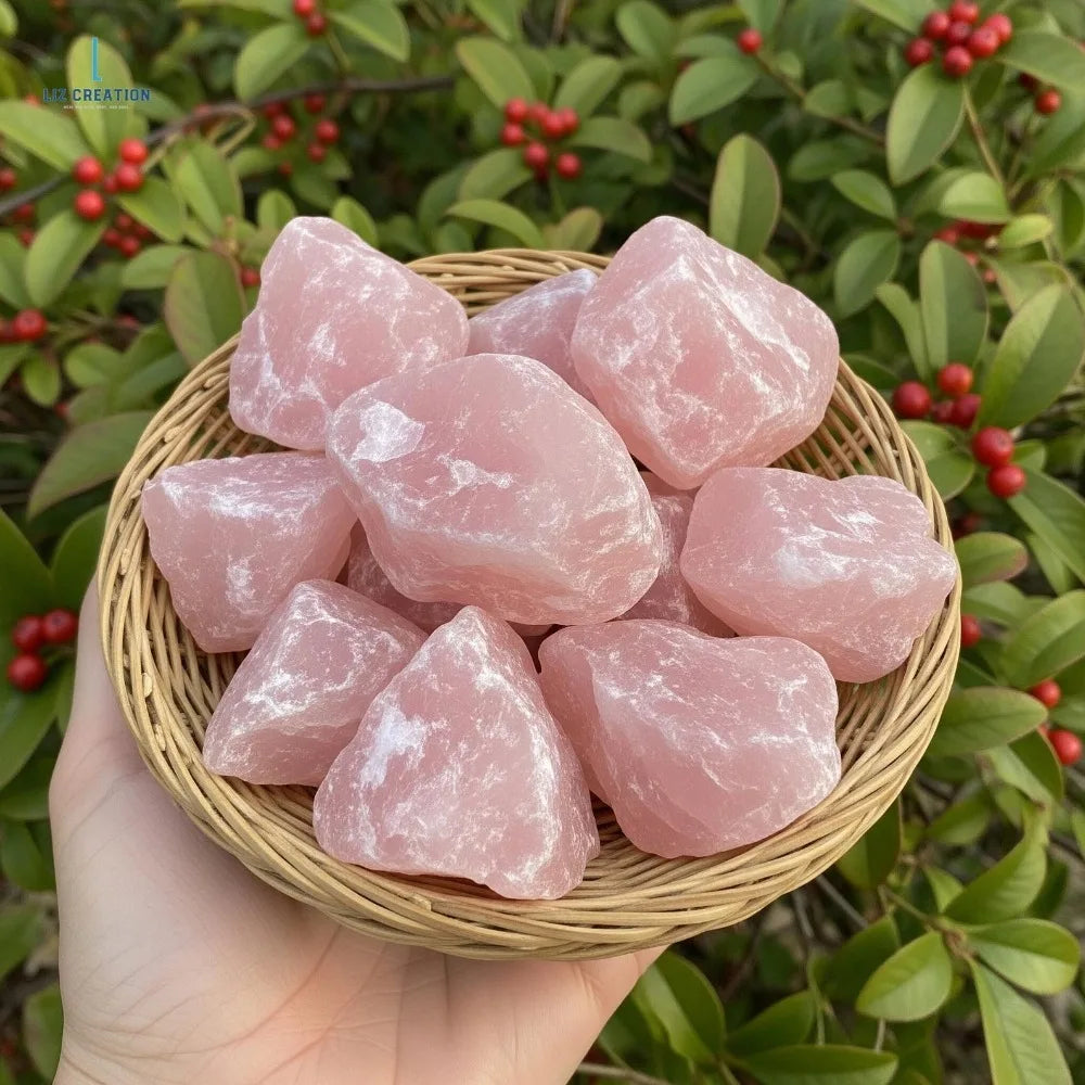 Basket of rough Rose Quartz pieces held outdoors against green foliage.