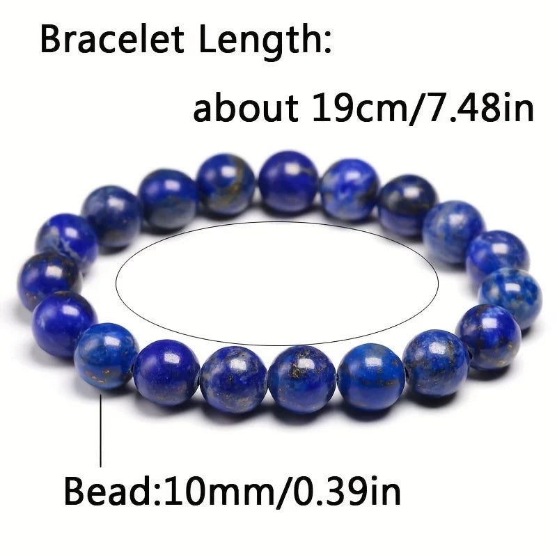 Lapis Lazuli bead bracelet shown with bracelet-length and bead-size reference graphics.