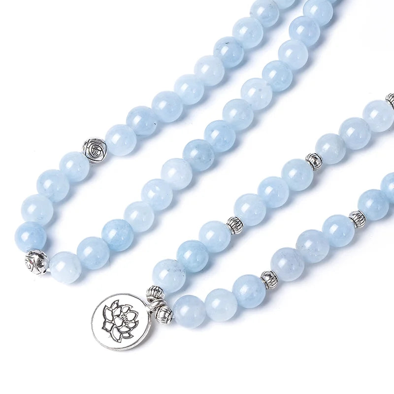 Aquamarine meditation mala with decorative pendant
