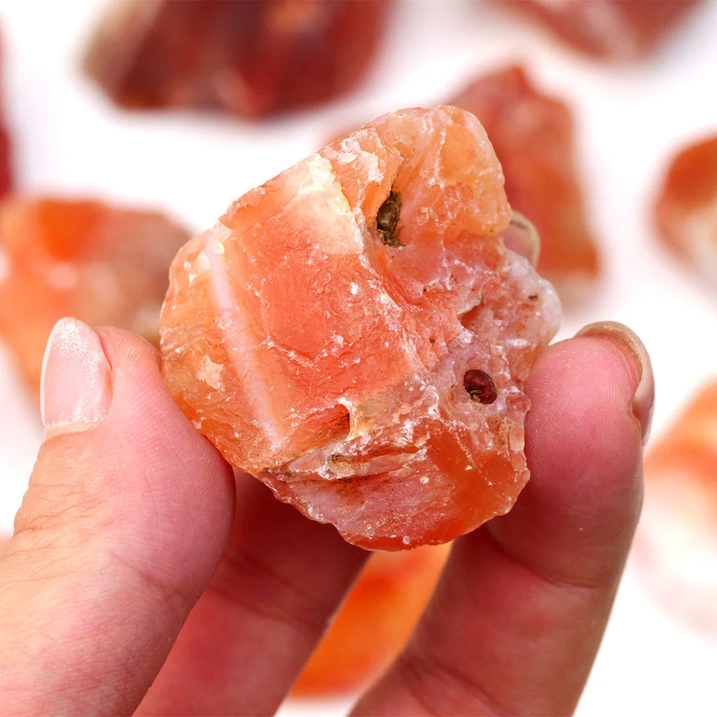 Hand-held rough Carnelian piece showing orange color and natural cavities.