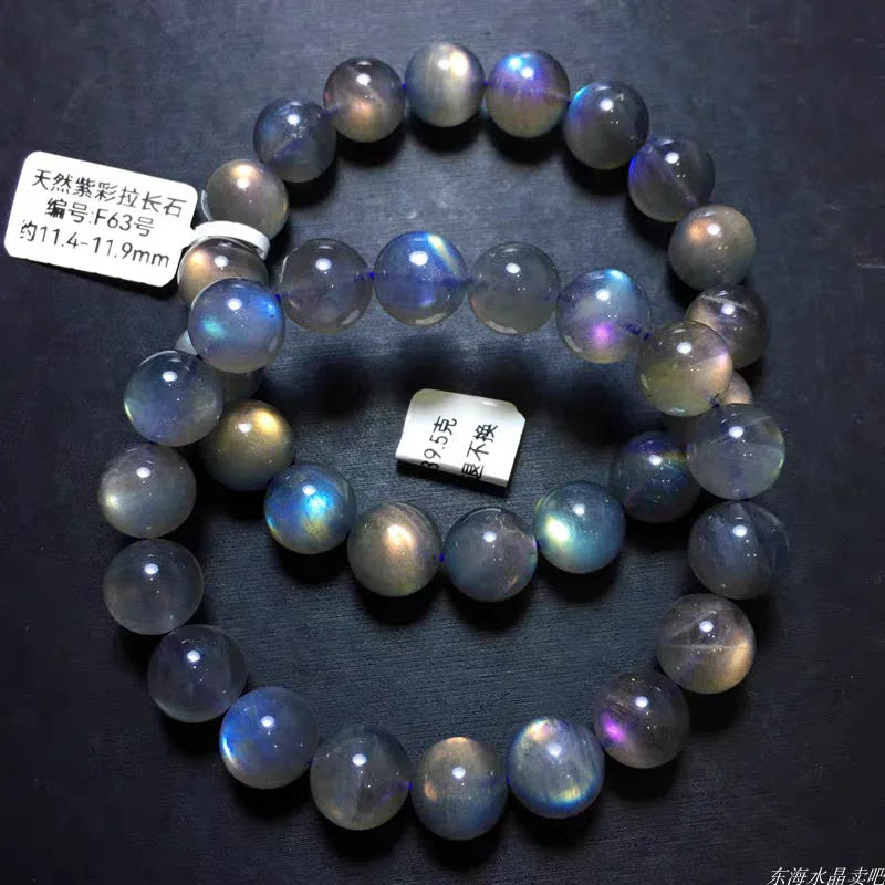 Dark Labradorite round-bead bracelets showing blue and gold flashes on a black background.