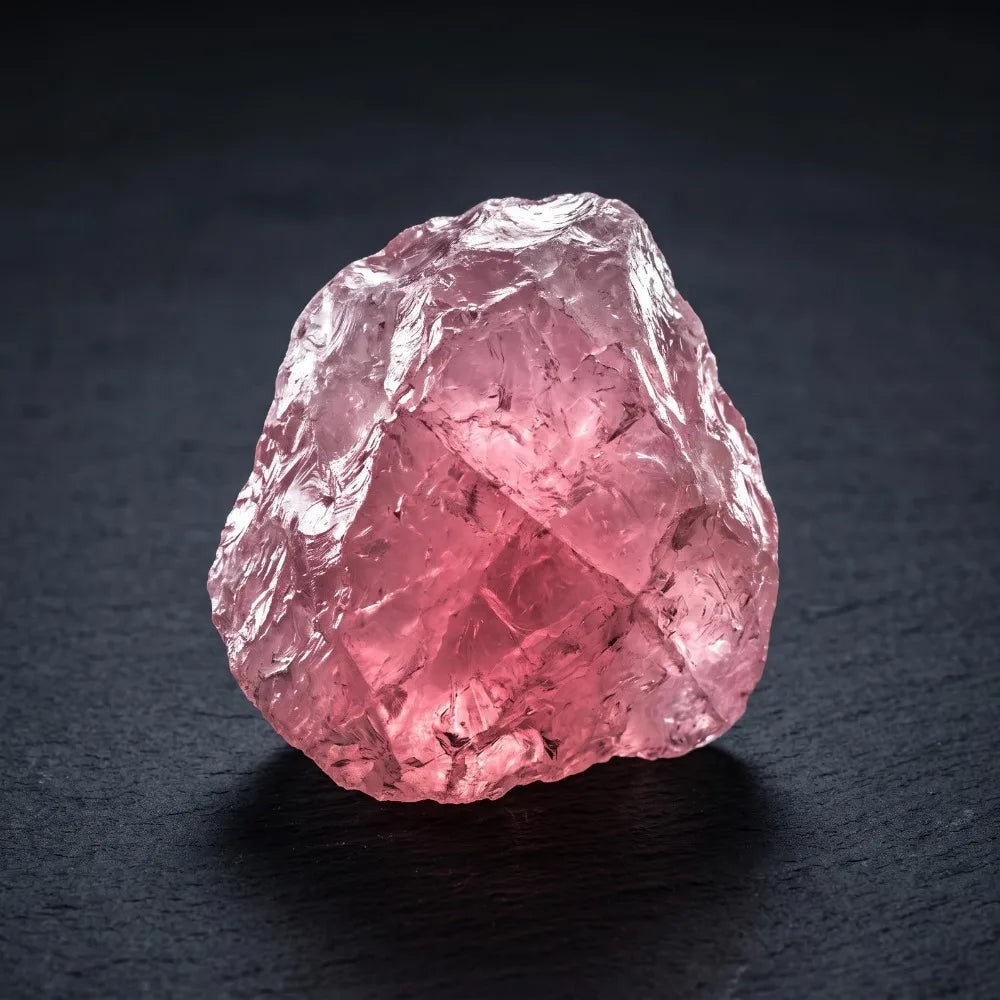 Single rough pink Rose Quartz crystal standing against a dark background.