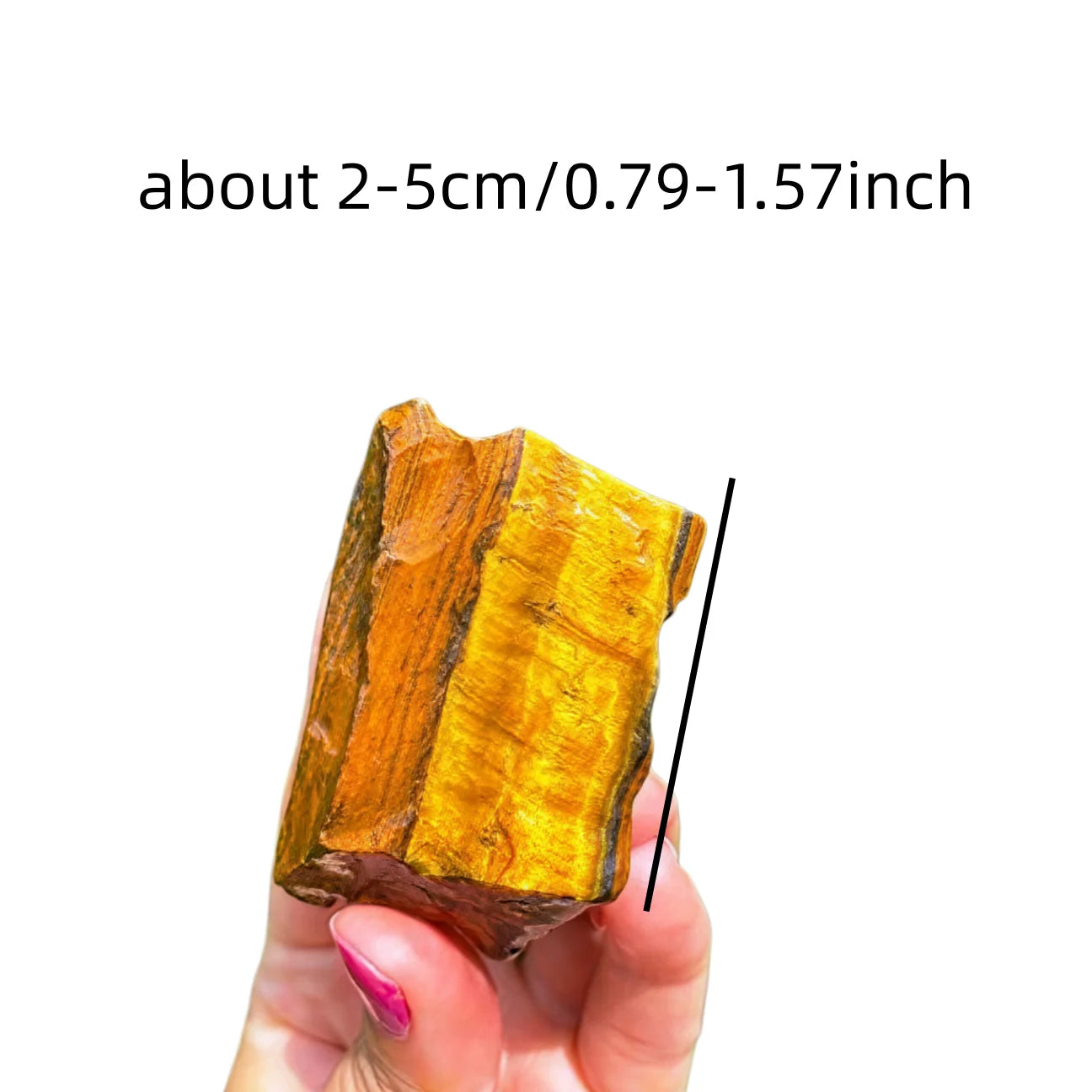 Single rough Tiger’s Eye piece held in a hand with an approximate 2–5 cm size reference.