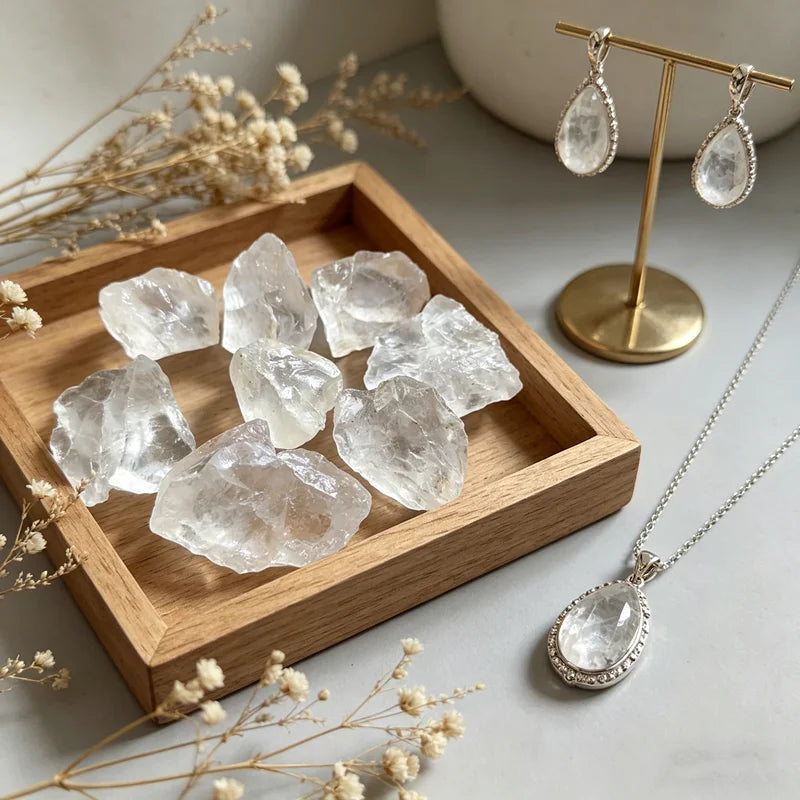 Rough Clear Quartz stones styled on a wooden tray with crystal jewelry and dried flowers.
