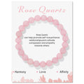 Rose Quartz round-bead bracelet displayed on a pale product card with crystal information, alternate image.