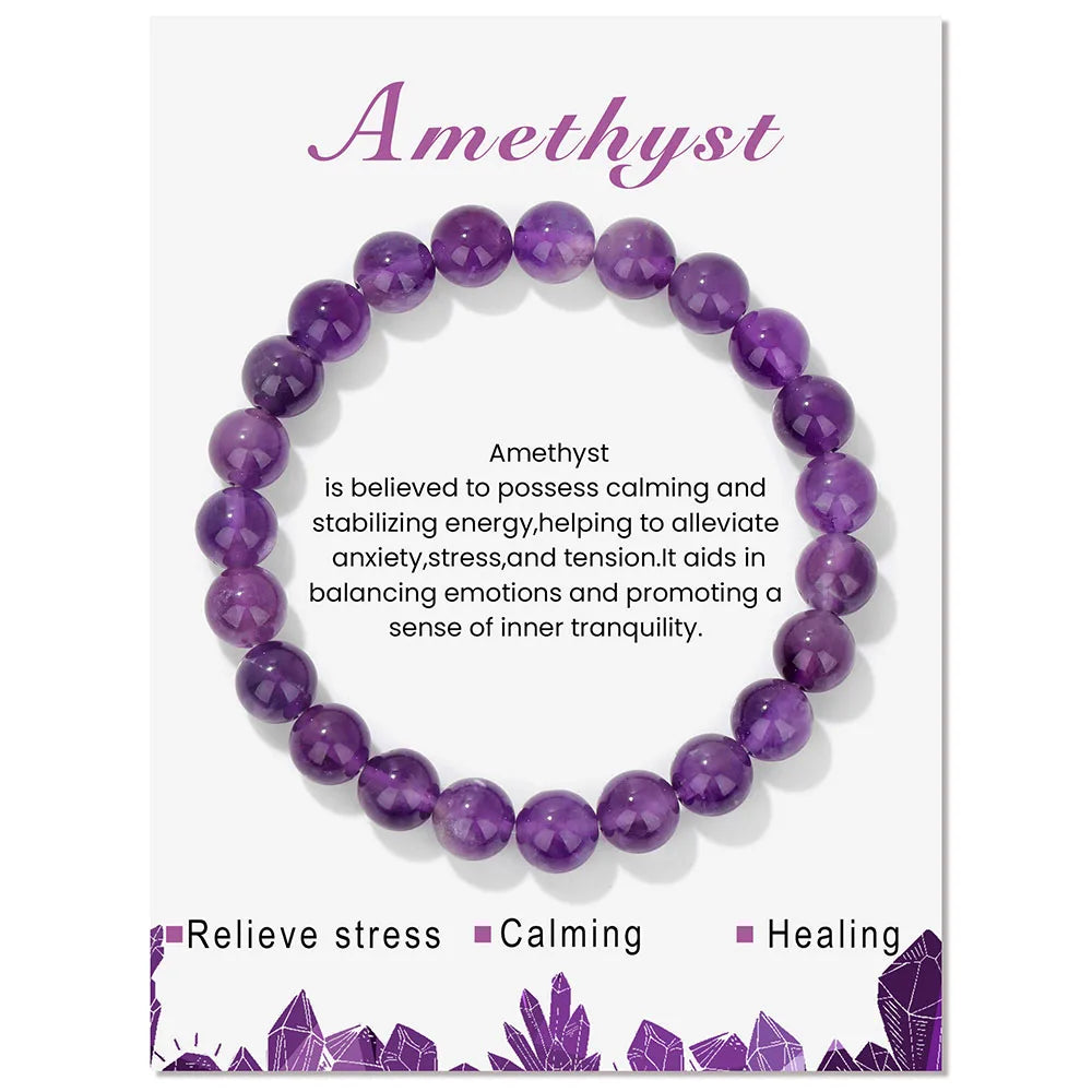 Amethyst round-bead bracelet displayed on a white product card with crystal information.