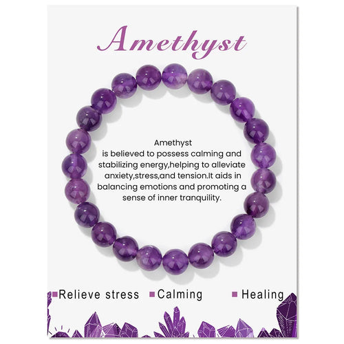 Amethyst round-bead bracelet displayed on a white product card with crystal information.