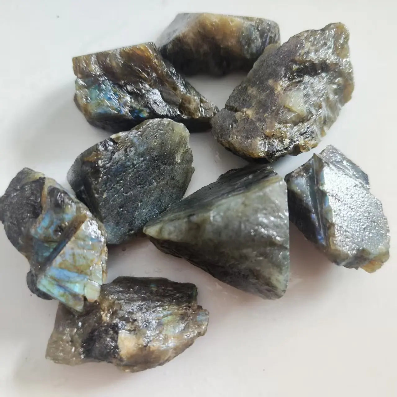 Assorted rough Labradorite stones arranged together to show varied natural shapes.