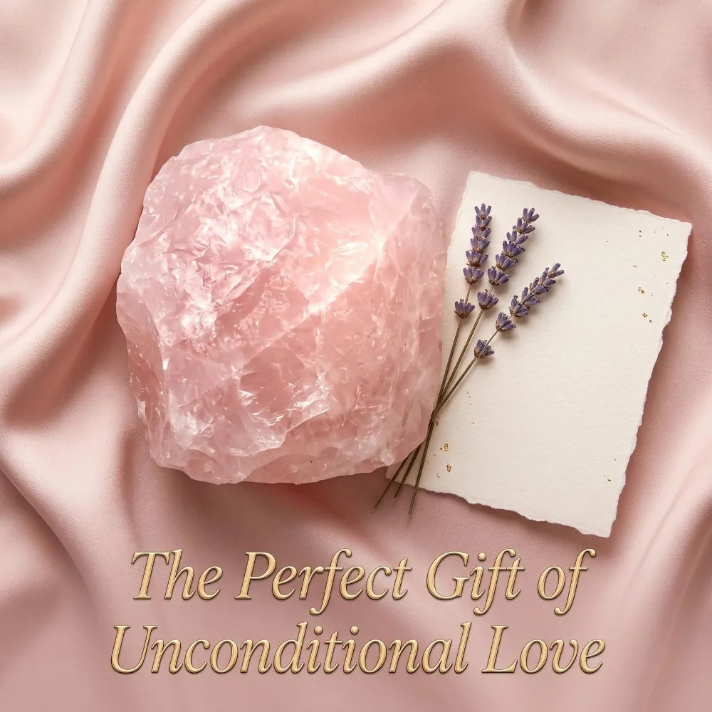 Rough Rose Quartz crystal styled on pink satin beside dried lavender and decorative text.