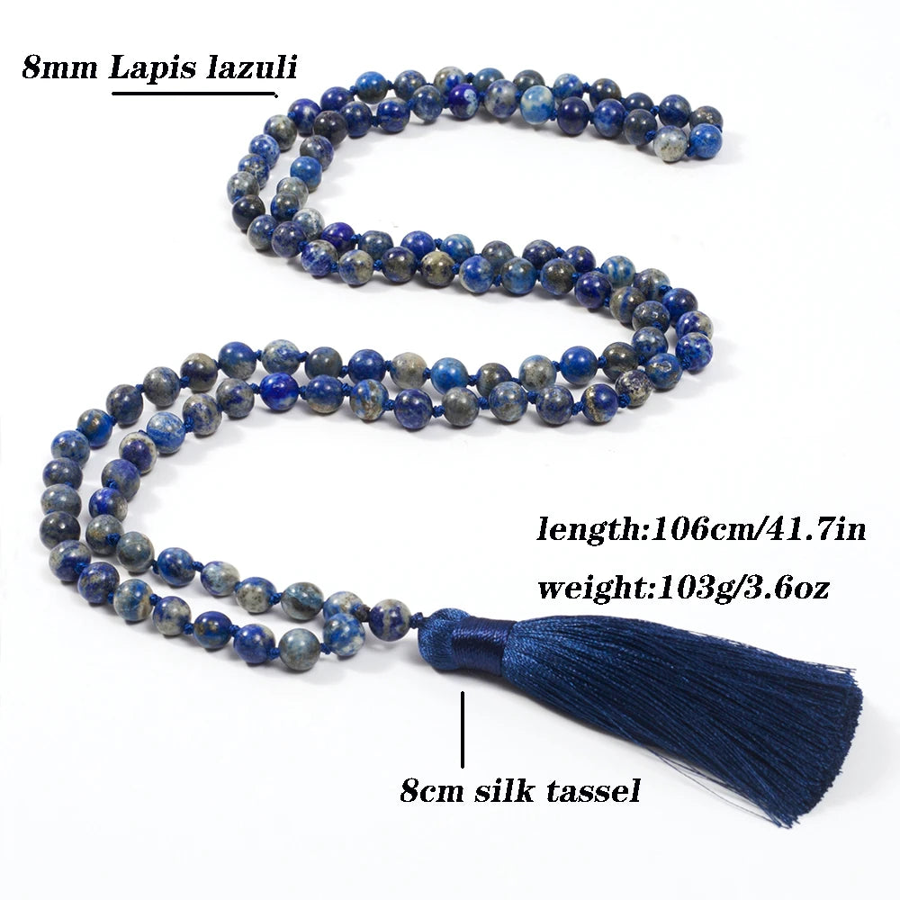 Lapis Lazuli mala shown with bead size, necklace length, weight, and tassel reference graphics.