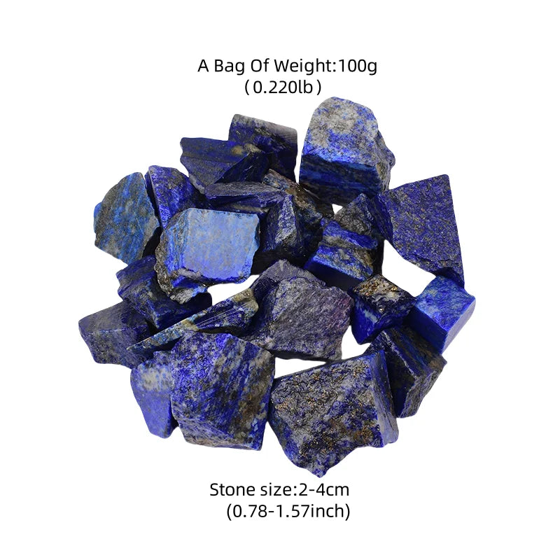 Bag-sized assortment of rough Lapis Lazuli pieces shown with weight and stone-size references.