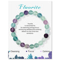 Green and purple Fluorite round-bead bracelet displayed on a white product card with crystal information.